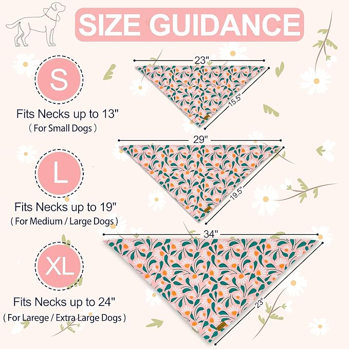 Spring Dog Bandanas - 2 Pack Floral Dog Scarf for Boy & Girl, Premium Durable Fabric, Adjustable Fit, Gift for Dogs, Daisy Bandana for Small Dogs (Small)