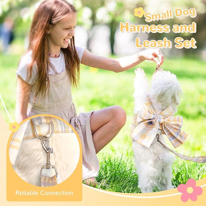 Cute Dog Harness and Leash Set with Bow Tie Soft Mesh Plaid Girl Puppy Harness No Pull Pet Cat Dog Vest Harness for Small Dogs Chihuahua Rabbit Outfit (Yellow,M)
