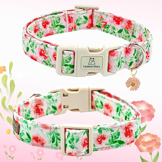 Lionheart glory Dog Collar Pink Flower Dogs Collar Summer Spring Cute Collars Dog Girl or Boy Soft Durable Adjustable Dog Collars for Small Dogs Pet Gift