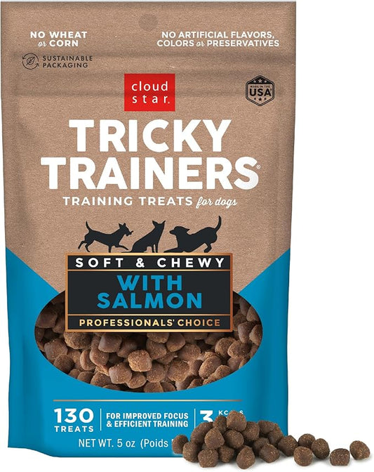 Cloud Star Tricky Trainers Soft & Chewy Dog Training Treats 5 oz. Pouch, Salmon Flavor, Low Calorie Behavior Aid with 130 treats