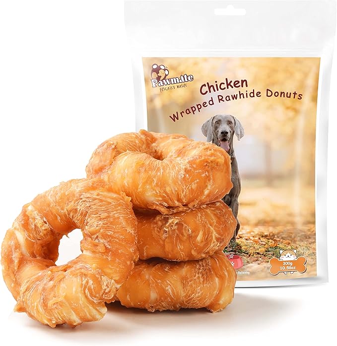 Dog Treats Large Breed, Chicken Wrapped Rawhide Donuts Ring Rawhide Dog Chews Long Lasting Grain Free Snacks with Taurine for Medium Large Dogs 4 Counts