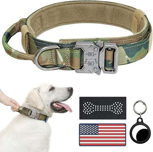 Hotsky Tactical Dog Collar, Adjustable Military Training Nylon Airtag Collar with Handle and Heavy Duty Metal Buckle for Medium Large Dogs, with Airtag Holder and Two Patches(Camo,M)