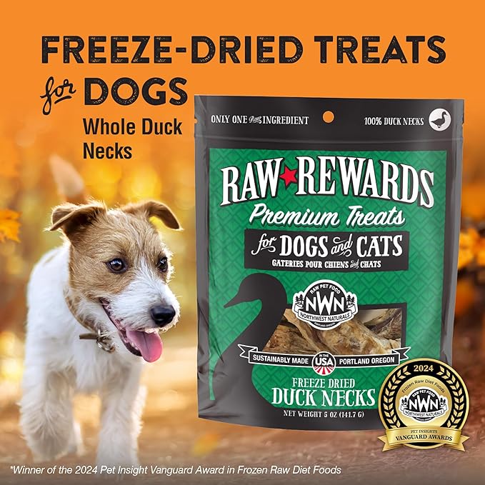 Northwest Naturals Raw Rewards Freeze-Dried Duck Neck Treats for Dogs and Cats - Whole Neck - Grain Free - 1 Ingredient - Healthy - Human Grade - All Natural - USA Made - 5 Oz