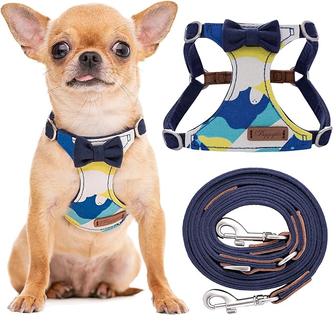 Puppytie No Pull xs Dog Harness with Multifunction Dog Leash,Soft Adjustable No Choke Escape Proof Pet Harness Vest,Suede Bow Navy,XXS