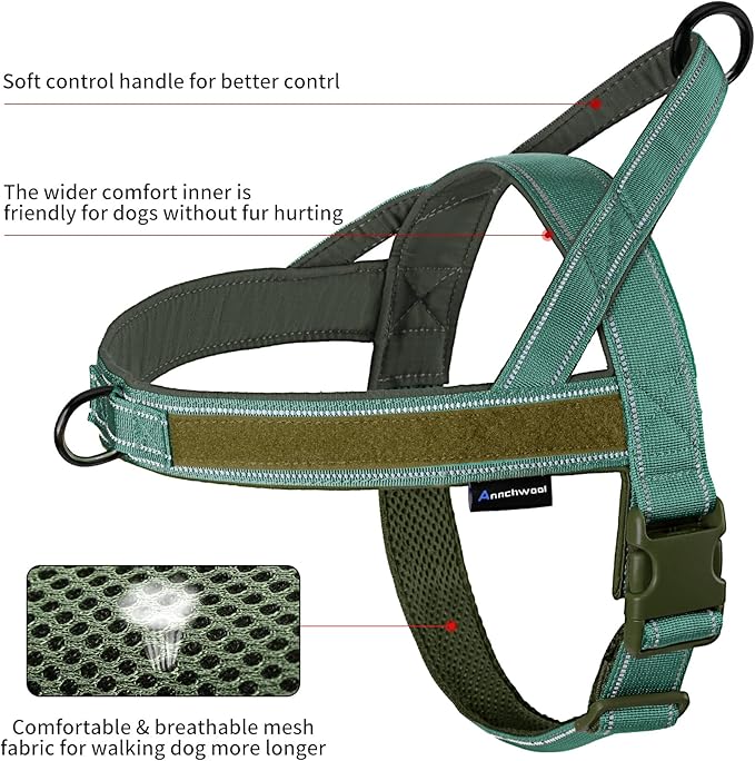 Annchwool No Pull Dog Harness with Soft Padded Handle,Reflective Strip Escape Proof and Quick Fit to Adjust Harness,Easy for Training Walking for Small & Medium and Large Dogs(Green,L)