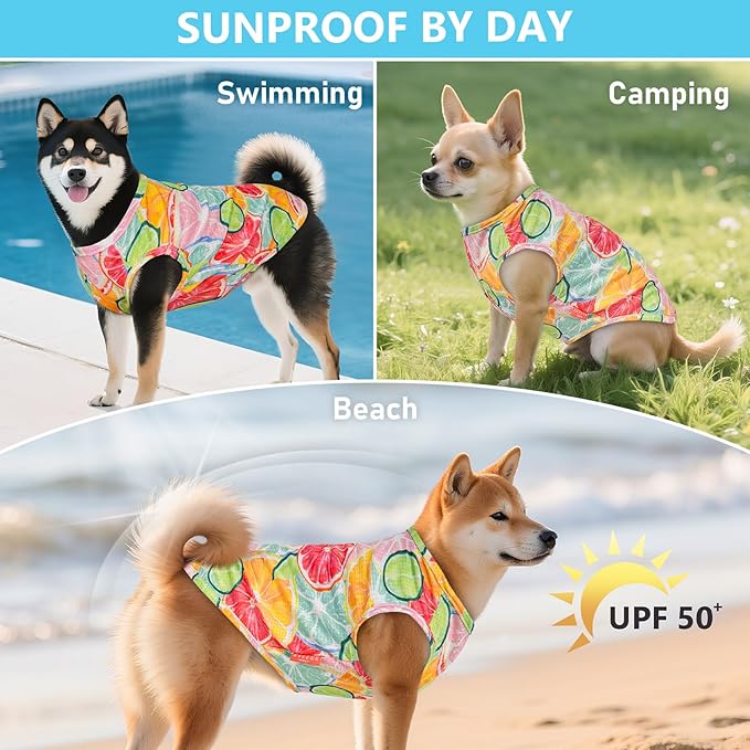 KYEESE 2 Pack Dog Shirts Quick Dry Lightweight Dog T-Shirts with Reflective Label Tank Top Sleeveless Vest Cat Shirts for Summer Lemon Pattern Sun-Blocking,Small,Lemon+Pink