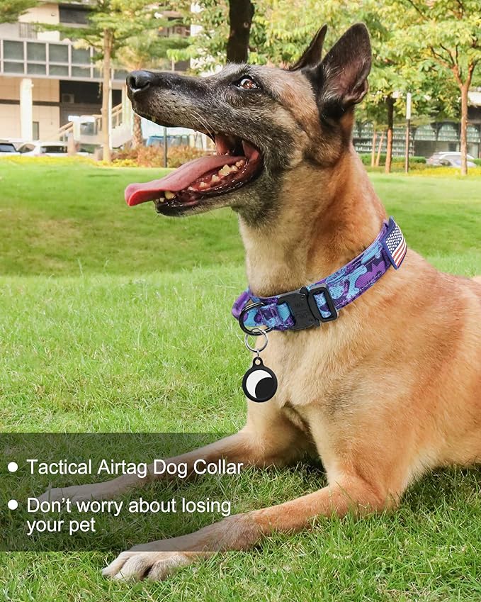 Hotsky Tactical Dog Collar, Adjustable Military Training Nylon Airtag Collar with Handle and Heavy Duty Metal Buckle for Medium Large Dogs, with Airtag Holder and Two Patches(Purple Camo,L)