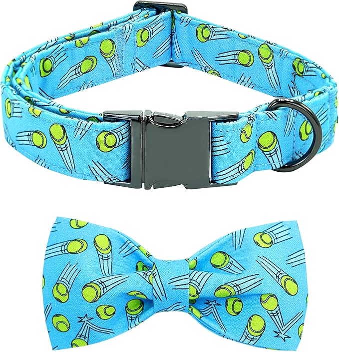 Dog Collar-Tennis Balls Print Adjustable Pet Collar Cute Cotton Soft Collars with Bow Tie Spring Summer Metal Buckle Puppy Collar Gift for X-Large Dogs