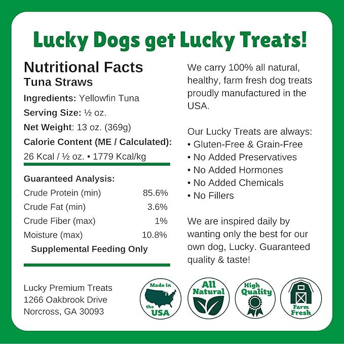 Lucky Premium Treats Tuna Jerky Straws – All Natural Single Ingredient Tuna Jerky Dog Treats and Cat Treats, Pet Treats for Dog Training with Rich Source of Omega-3 (13 oz)