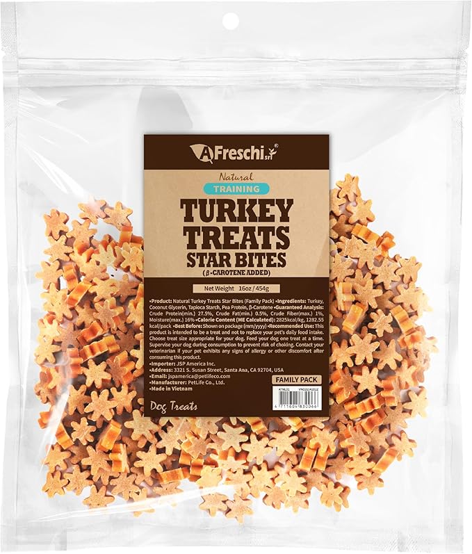 Afreschi Natural Turkey Treats Star Bites –16 oz, Hexagonal Shape, USA-Sourced, All-Natural, Hypoallergenic, Low-Fat, Healthy & Easily Digestible, Puppy & Training Snack & Small Dogs