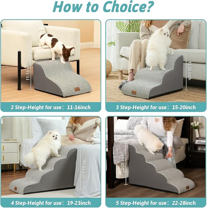Dog Stairs for Small Dogs 11.8" H, Pet Step with Leakproof Cover, High Density Foam Cat Ramp for Chair or Sofa, Lightweight, Durable, Comfort, 15.7x19.7x11.8 inch, 2 Tiers, White Black