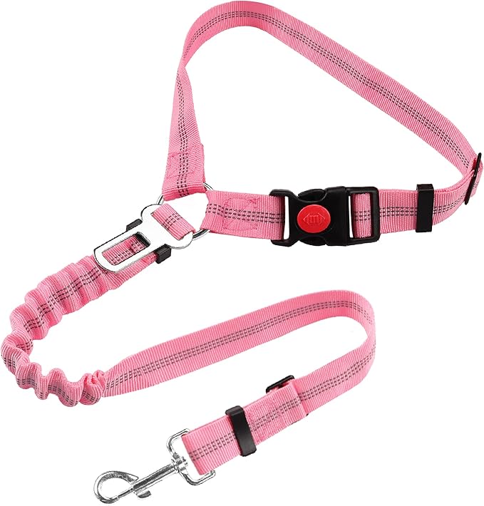 YAOHDAO Dog Seat Belt Harness for Car, Restraint Adjustable with Elastic Bungee Buffer Headrest for Vehicle, 360 Degree Swivel Nylon Pet Safety Seat Belts Heavy Duty Car Harness for Dogs (Pink)