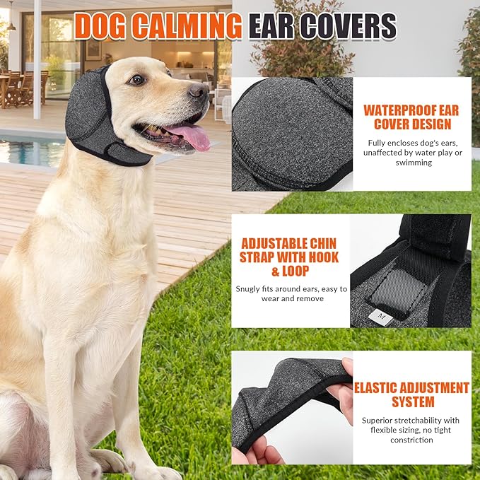 SlowTon Quiet Ears Dog Hoodie - 2 Pcs Ear Wrap Dog Ear Muffs Noise Protection, Anxiety Relief Dogs Hat Calming Hood Head Cover, Pet Headband Dogs Ear Protector for Grooming, Force Drying (Grey,L)