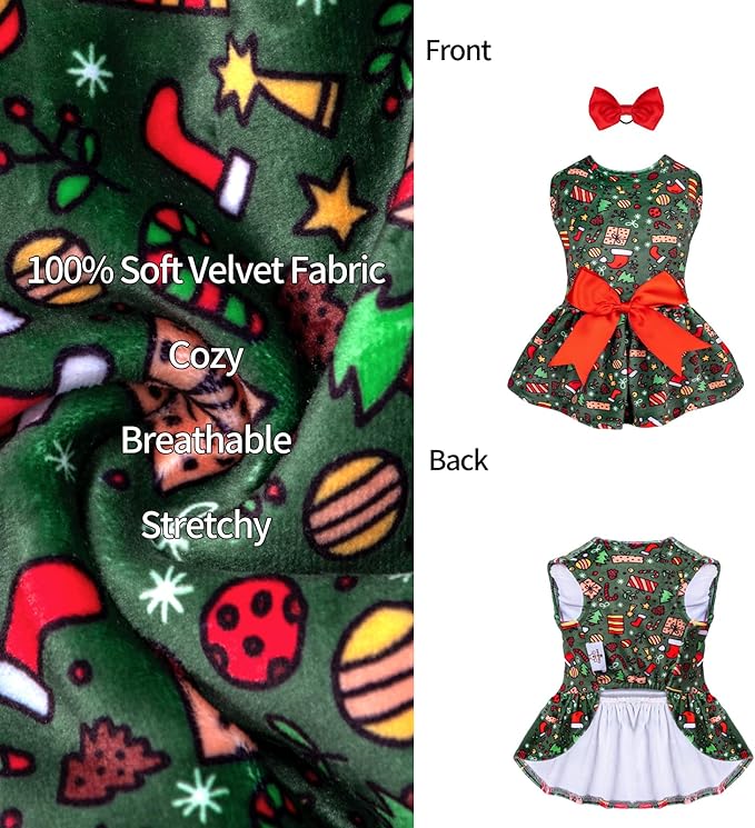 CuteBone Christmas Dog Dresses Outfit Velvet Holiday Small Dogs Clothes Onesie Pet Apparel Girl Puppy Skirt with Bow Hair Rope CVA33L