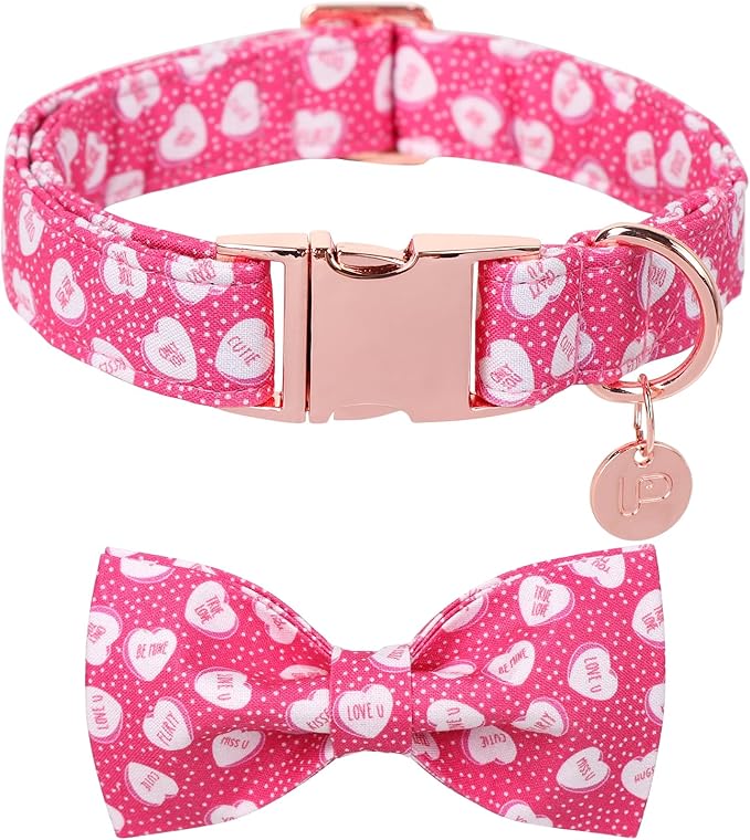 Valentine’s Dog Collar with Bow Tie, Pink Heart Bowtie Collar with Metal Buckle, Valentine’s Gift Pet Collar for Puppy Girl Boy Dog or Cat, Wedding Dog Collar,XL