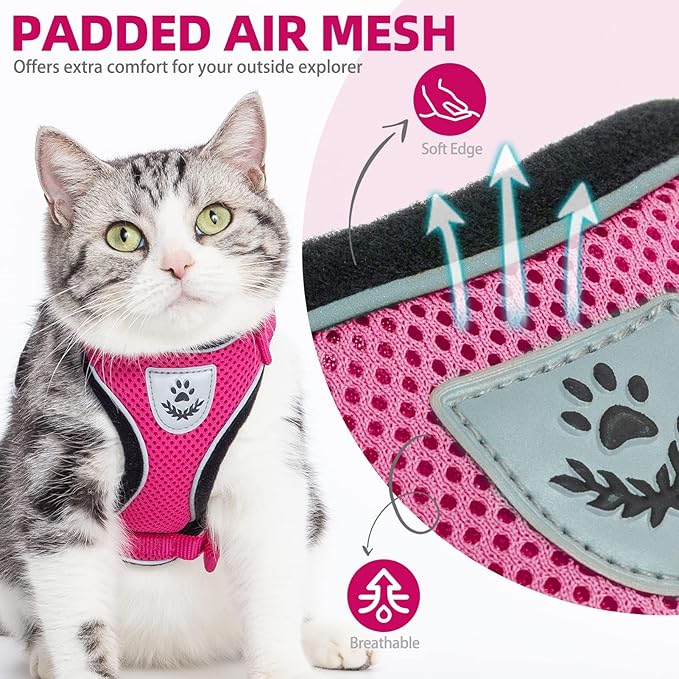 PUPTECK Cat Harness and Leash Set Escape Proof Reflective Cat Walking Harness Adjustable Soft Breathable Mesh Vest for Small Pets, Deep Pink, M