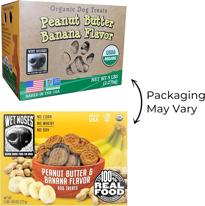 Organic Crunchy Dog Treats – for All Pet Sizes, Breeds – Senior Dog Snack – 100% Human-Grade – Delicious Chews for Dogs – Grain-Free Peanut Butter & Banana, 5 Lb. Package may vary.