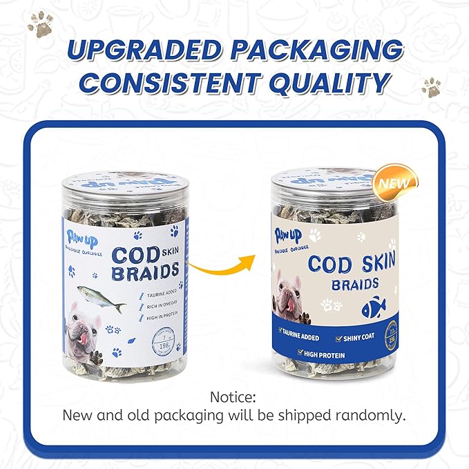Cod Fish Skin Braids Dog Treats Natural Dried Dog Snacks Sticks, High Omega-3 Single Ingredient Cod Skin Chews w/Taurine, 7 oz