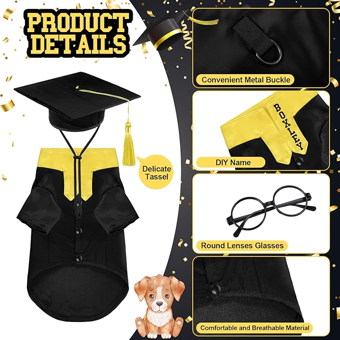 5 Pcs Dog Graduation Costume Set Include 2025 Pet Graduation Gown with Stole Puppy Grad Cap Lensless Glasses DIY Letter Stickers for Dogs Cats Holiday Costume Accessory(Black Yellow,XL)