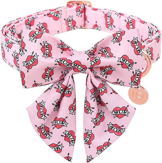 Mother’s Dog Collar with Bow Tie, Cute Cotton Girl Dog Collar, Adorable Pink Bowtie Collar for Medium Girl Dog, Female Dog Collar with Metal Buckle, M