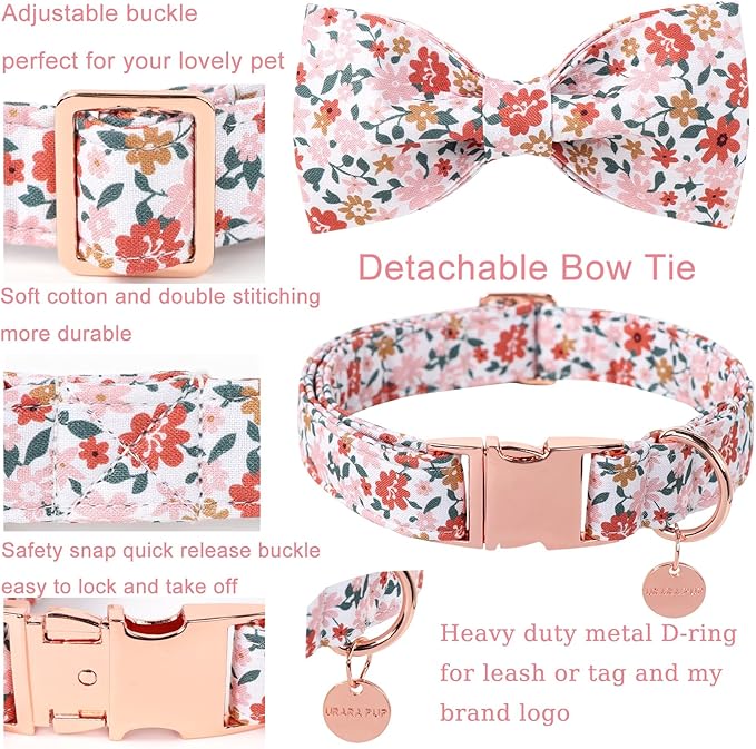 Dog Collar with Bow Tie,Flower Bow Dog Collar with Adjustable Buckle,Cotton Floral Puppy Collar for Small,Medium,Large Dogs