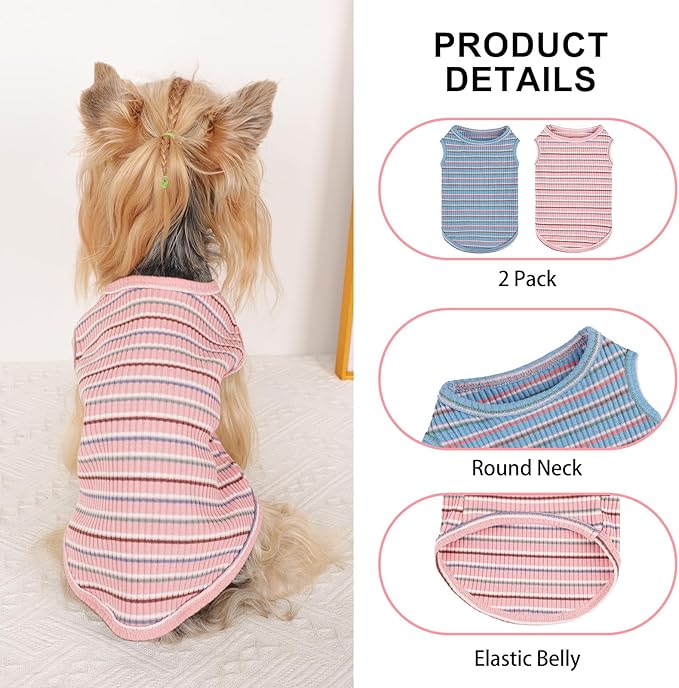 2Pack Dog Shirts for Small Dogs Girl Boy Striped Dog Shirt Vest Soft Stretchy Puppy Clothes Sleeveless Colorful Sweatshirt Small Puppy Outfit for Chihuahua Yorkie, Pink+Blue, L