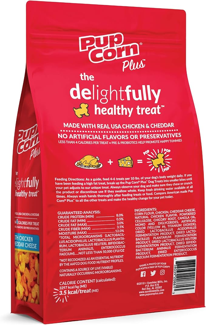 Pup Corn Plus - Puffed Dog Treats with Prebiotics and Probiotics - Chicken & Cheddar Cheese (16oz) - Made in USA