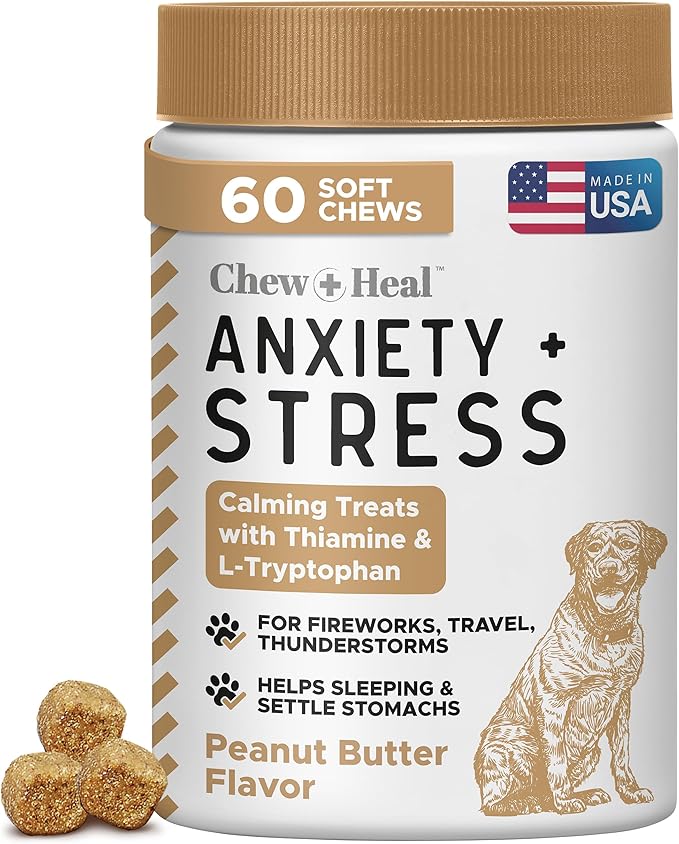 Calming Chews for Dogs - 60 Peanut Butter Melatonin Dog Sleep Aid & Calming Dog Treats with Thiamine, L-Tryptophan & Ginger