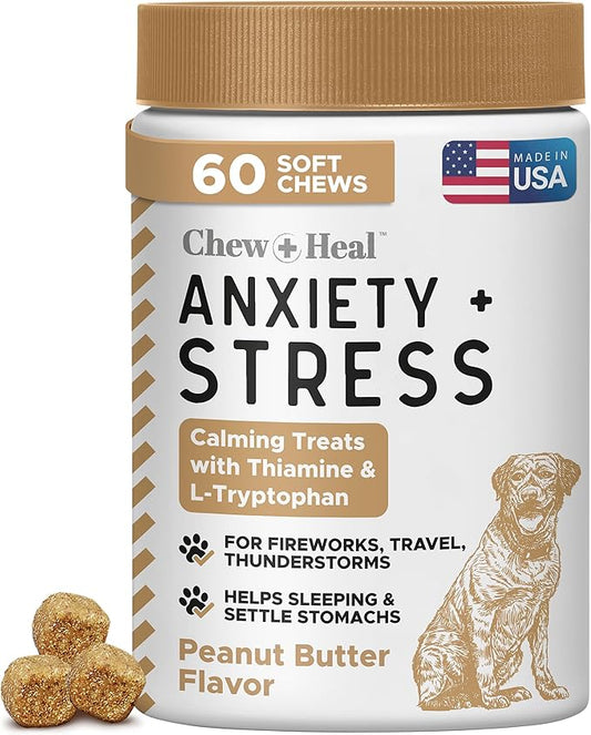 Calming Chews for Dogs - 60 Peanut Butter Melatonin Dog Sleep Aid & Calming Dog Treats with Thiamine, L-Tryptophan & Ginger