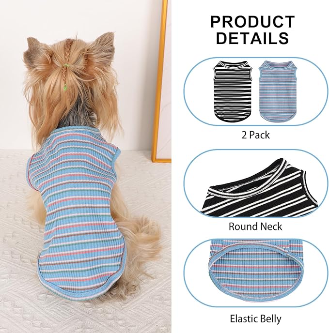 2Pack Dog Shirts for Small Dogs Girl Boy Striped Dog Shirt Vest Soft Stretchy Puppy Clothes Sleeveless Colorful Sweatshirt Small Puppy Outfit for Chihuahua Yorkie, Black+Blue, L