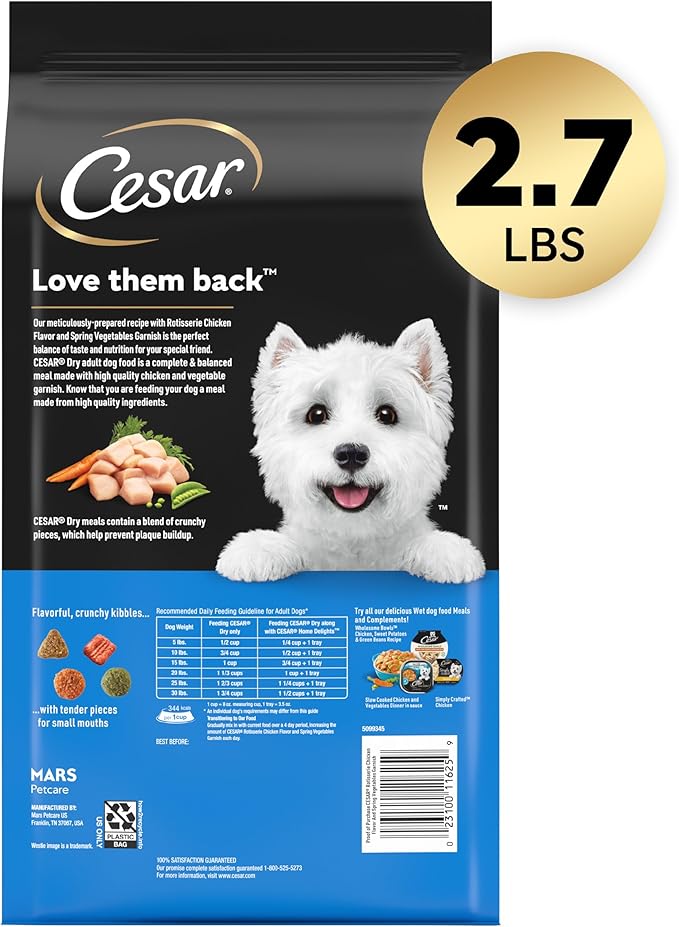 Cesar Small Breed Dry Dog Food Rotisserie Chicken Flavor and Spring Vegetables Garnish, 2.7 lb. Bag