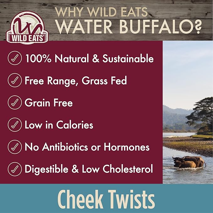 Water Buffalo Jerky Wrapped Cheek Twist Dog Chews - 10 Pack (Healthy Alternative for Beef Rawhides for Dogs, Natural Treat, Single Source Protein Dog Treat)