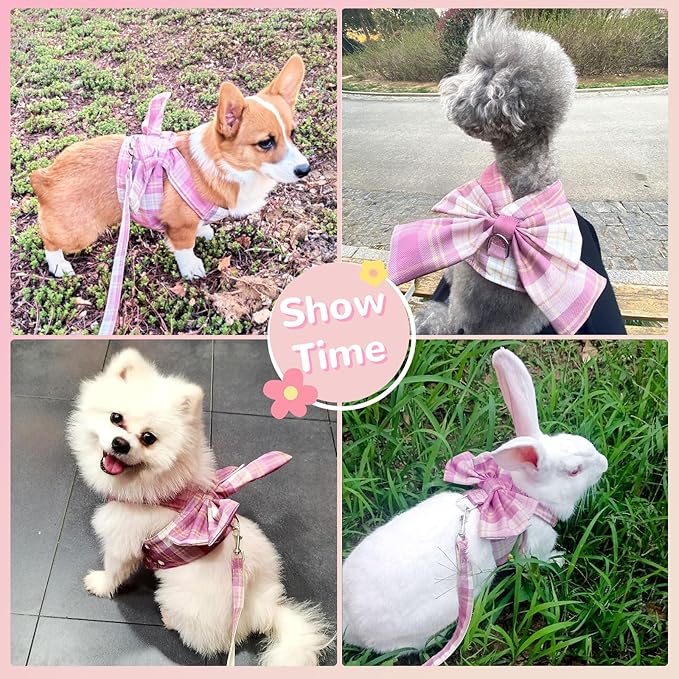 Cute Dog Harness and Leash Set with Bow Tie Soft Mesh Plaid Girl Puppy Harness No Pull Pet Cat Dog Vest Harness for Small Dogs Chihuahua Rabbit Outfit (Pink,XS)