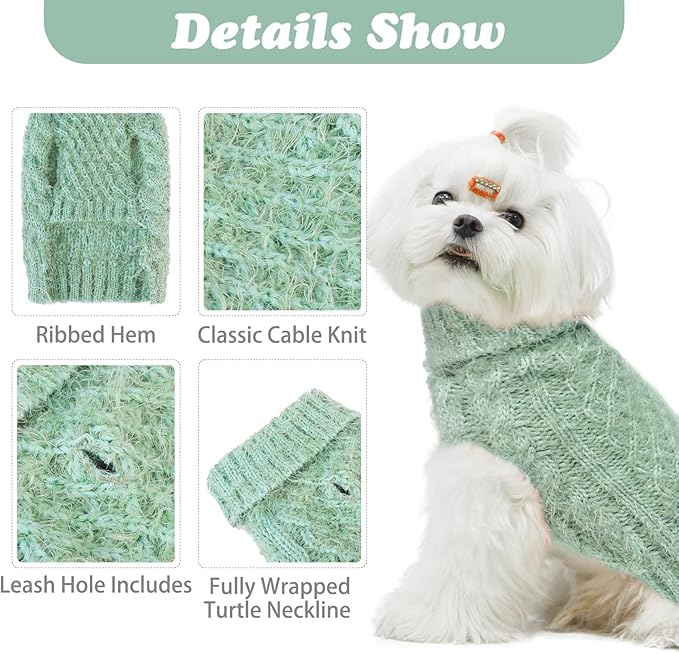 Turtleneck Small Dog Sweaters - Classic Cable Knitwear Winter Coat for Small Medium Dogs Male Female Puppy Dog Cold Weather Clothes Girls Boys, Green, M
