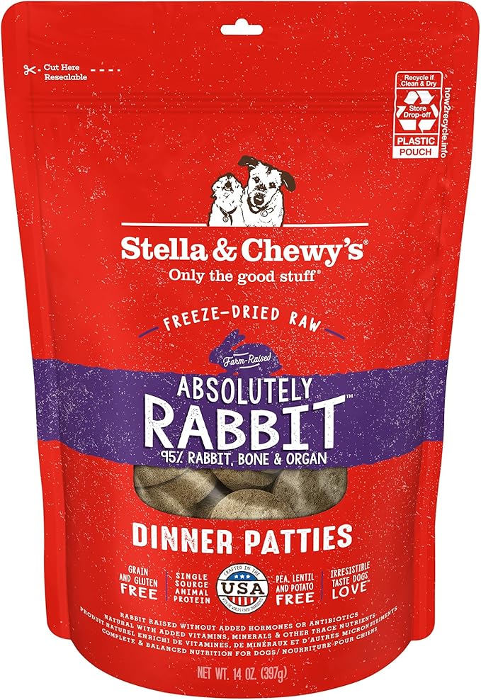 Stella & Chewy's Freeze-Dried Raw Dinner Patties - Absolutely Rabbit Recipe - High Protein Grain-Free Puppy & Dog Food - Perfect For Picky Eaters - 14 oz