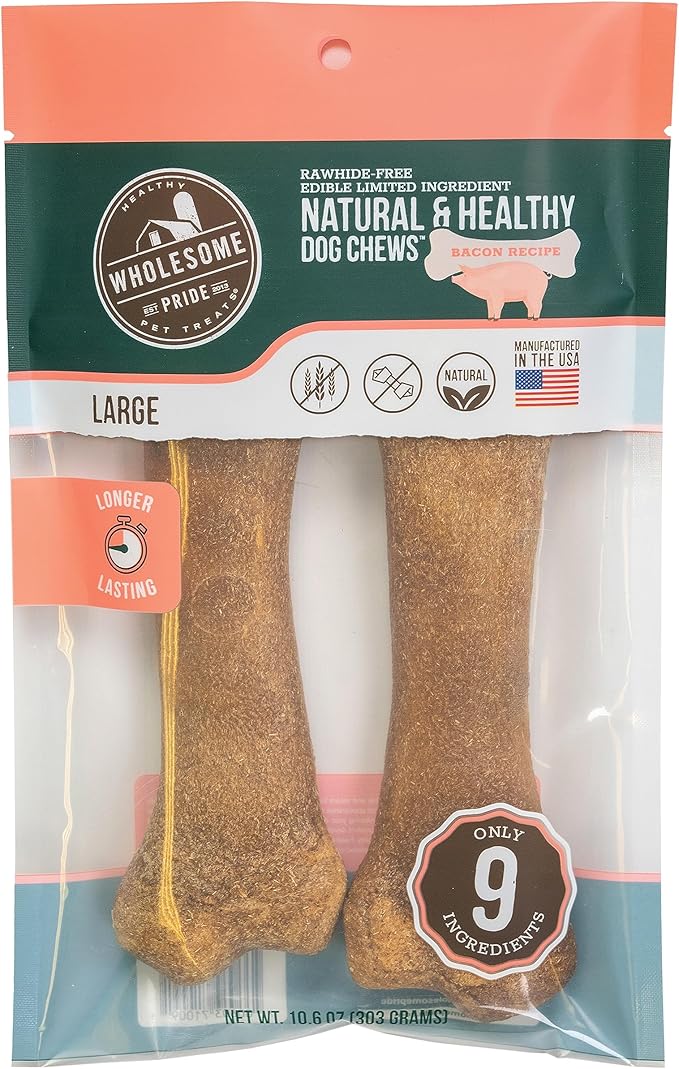Wholesome Pride Natural & Healthy Dog Chews 2Pk for Large Dogs, Bacon Flavor, Made in The USA