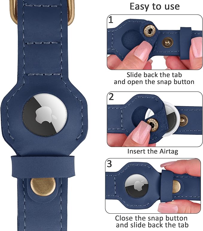 AirTag Dog Collar - Genuine Leather Dog Collar with Apple AirTag Holder and Metal Buckle - Smart GPS Tracking Pet Collars for Small Medium Large Dogs Puppy (Smoky Blue, XS, 9"-12" Neck Fit)