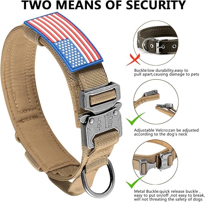 DAGANXI Tactical Dog Collar, Adjustable Military Training Nylon Dog Collar with Control Handle and Heavy Metal Buckle for Medium and Large Dogs, with Patches and Airtags Case (S, Brown)