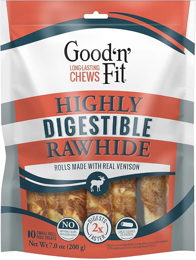Good ’n’ Fit Small Rolls Made With Real Venison, 10 Count, Highly Digestible Rawhide For Dogs