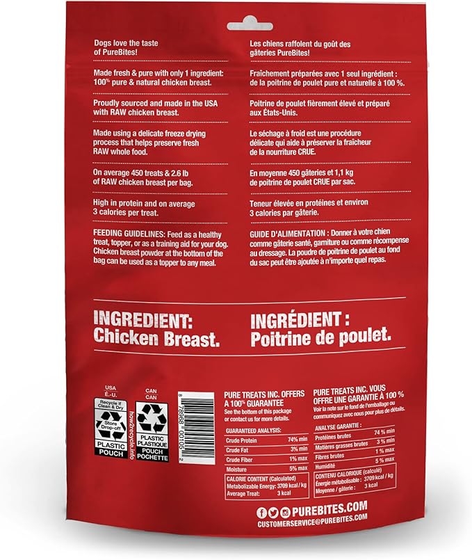 PureBites Chicken Freeze Dried Dog Treats, 1 Ingredient, Made in USA, 11.6oz