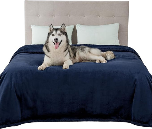 Bedsure Waterproof Blanket for Bed - Sherpa Fleece Waterproof Dog Blankets for Large Dogs, Pet Blankets for Bed/Couch/Dog Crate, Soft Plush Reversible Furniture Protector, King, 108"x86", Navy
