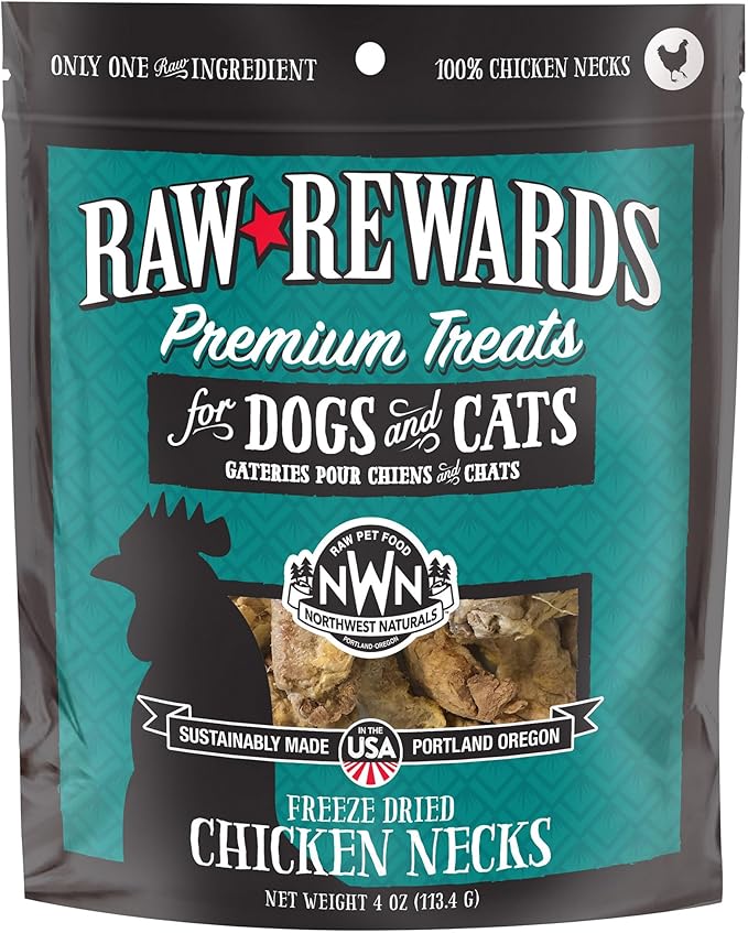Northwest Naturals Raw Rewards Freeze-Dried Chicken Neck Treats for Dogs and Cats - Whole Neck - Healthy, 1 Ingredient, Human Grade Ingredients, All Natural, Proudly Made in USA, 4 Oz