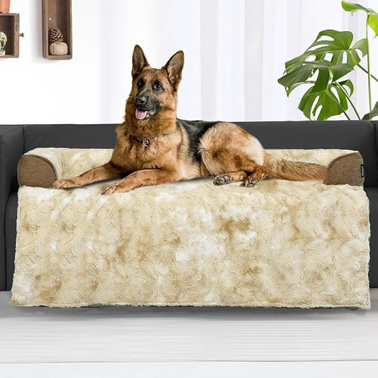 Calming Extra Large Dog Couch Bed, 45 x 37 inch Waterproof Removable Dog Mat Couch Cover for Furniture Protector, Non-Slip Fluffy Pelsbarn Dog Bed for Couch, Sofa, Car - Tie-Dry Khaki
