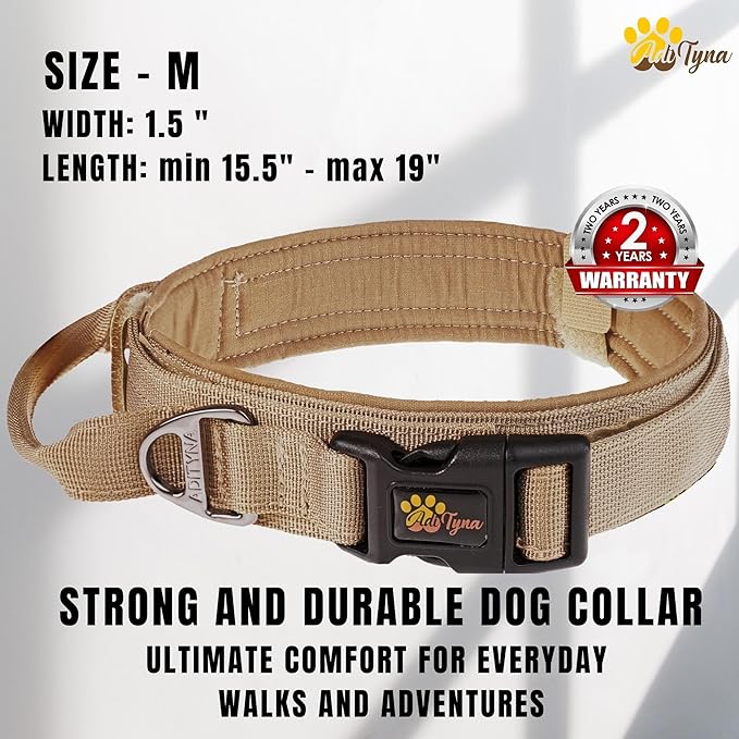 ADITYNA Tactical Dog Collar for Medium Dogs - Soft Padded, Heavy Duty, Service, Adjustable, Military, K9 Medium Collar with Handle for Training and Walking
