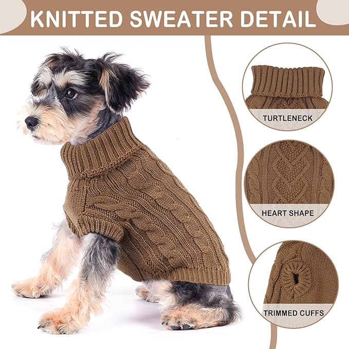 Knitted Sweater for Small Dogs - Warm Turtleneck Pullover, Fall Winter Cat Apparel (Khaki, Medium)
