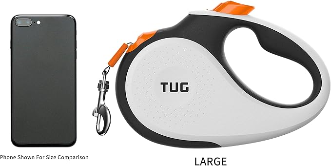 TUG 360° Tangle-Free Retractable Dog Leash with Anti-Slip Handle | 16 ft Strong Nylon Tape | One-Handed Brake, Pause, Lock (Large, White/Orange)
