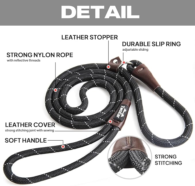 TwoEar Dog Slip Rope Leash - 1/2" x 6FT Heavy Duty Training Leash with Reflective Threads for Small to Large Dogs (Black)