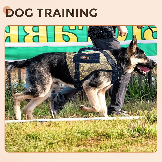 Multicam Tactical Dog Harness for Large Dogs, No Pull Adjustable Dog Harness with Water Bottle Bag and Pocket, Adjustable Reflective K9 Training Vests for Dogs for Training, Walking, Hiking L