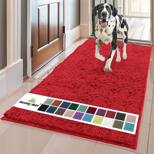 Muddy Mat® Shown on TV – Super Absorbent Microfiber Dog Door Mat for Muddy Paws, Non-Slip Washable Pet Rug, Quick Dry Chenille Entryway Carpet, Machine Washable Indoor Outdoor mat, Red 59"x35"