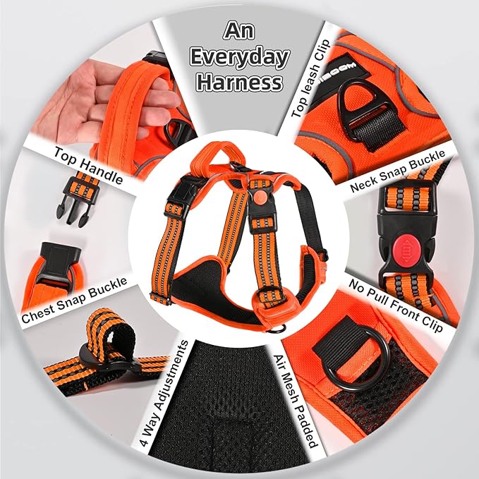 No Pull Dog Harness with A Free Heavy Duty 5ft Dog Leash, Adjustable Soft Padded Dog Vest, Reflective No-Choke Pet Oxford Vest with Easy Control Handle for Dogs(Orange, Medium)